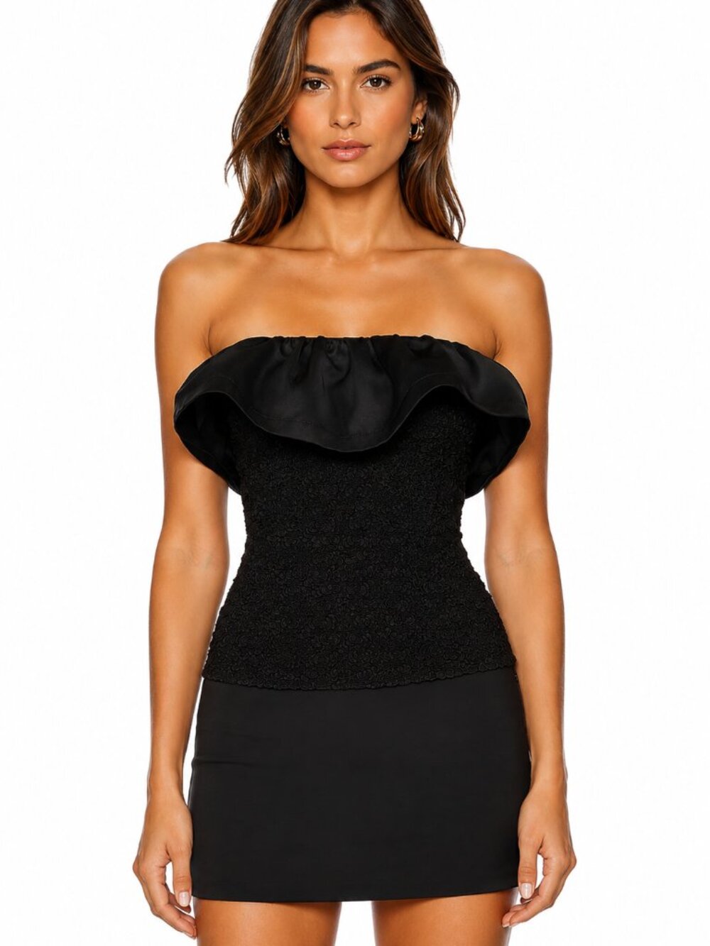 Elliatt Dandelione Strapless Ruffle Stretch Top Black Satin Party Small NWT